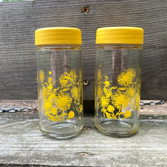 Vintage Other - Vintage Glass Salt and Pepper Shakers with Yellow Sunflowers Print and Tops!